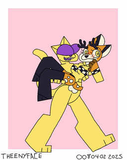 anthro blush carrying_another clothing duo female fur legwear male male/female nude thigh_highs walking yellow_body yellow_eyes yellow_fur theenyface butters_(theenyface) deer domestic_cat felid feline felis mammal animated hi_res loop