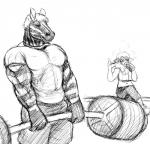 anthro big_breasts blush bottomwear breasts cleavage clothed clothing deadlift drinking duo exercise eyes_closed fanning fanning_self female hair male muscular muscular_male ogling pants smile weightlifting workout yoga_pants hladilnik bill_(hladilnik) jane_doe_(hladilnik) bovid caprine domestic_sheep equid equine mammal sheep zebra black_and_white hi_res monochrome