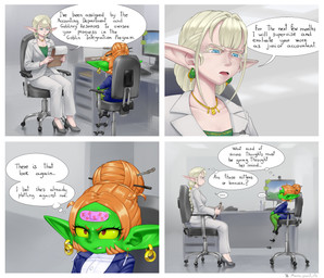 4_panel_comic band-aid band-aid_on_face bandage bandage_on_face blonde_hair blue_eyes chair clothing dialogue duo ellipsis female footwear furniture green_body green_skin hair hair_bun high_heels humanoid_pointy_ears narrowed_eyes not_furry office pointy_ears red_eyes shoes size_difference squint swivel_chair text mario-grant elf_supervisor_(mario-grant) ms._nasbh'ke_(mario-grant) elf goblin humanoid 2026 comic english_text hi_res