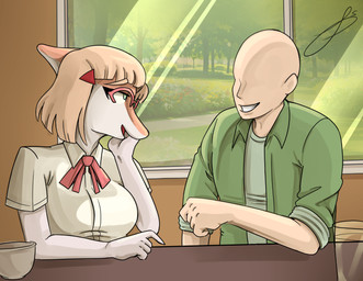 anthro bald big_breasts blonde_hair bone_frill bow_tie breasts clothed clothed_anthro clothed_female clothed_human clothed_male clothing coffee_mug collared_shirt day detailed_background dress_shirt duo female fingers frill_(anatomy) front_view furniture grass green_clothing green_eyes green_jacket green_shirt green_topwear hair half-closed_eyes hand_on_chest human_on_anthro humanoid_hands inside interspecies jacket male male/female medium_hair narrowed_eyes non-mammal_breasts open_clothing open_jacket open_mouth open_topwear orange_body plant red_bow_tie shirt shrub sitting smile table talking_to_another topwear tree white_body white_clothing white_shirt white_topwear window bass1l1ssc0 cavemanon_studios goodbye_volcano_high ko_op_(game_developer) snoot_game anon_(snoot_game) naomi_(gvh) dinosaur hadrosaurid human mammal ornithischian ornithopod parasaurolophus prehistoric_species reptile scalie colored hi_res shaded signature