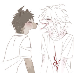 about_to_kiss ahoge anthro black_nose blush blush_lines bodily_fluids brown_body brown_fur brown_hair clothed clothed_anthro clothing duo ears_up eyebrows eyelashes eyelashes_through_hair eyes_closed fangs fur hair interspecies leaning leaning_forward male male/male markings multicolored_body multicolored_fur open_mouth pink_body pink_scales puckered_lips scale_markings scales shirt short_sleeves spikes sweat sweatdrop teeth tongue topwear translucent translucent_hair ventral_scales whiskers white_body white_clothing white_hair white_scales white_shirt white_topwear june777th danganronpa danganronpa_2 spike_chunsoft hajime_hinata nagito_komaeda eulipotyphlan hedgehog mammal reptile scalie snake hi_res