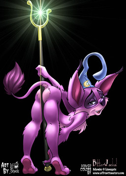 anthro ass_up butt chest_tuft clothing dancing fur hat headgear headwear magic_wand male pink_body pole pole_dancing purple_body purple_fur solo staff text tuft wizard_hat lil'_shock happily_n'ever_after mambo_(happily_n'ever_after) domestic_cat felid feline felis mammal english_text