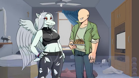 5_fingers amber_eyes anthro bed blue_body blue_scales bodily_fluids bone_frill bottomwear breasts burping chair clothing computer detailed_background dialogue dino_nugget duo electronics eyeshadow faceless_character faceless_human faceless_male feathered_wings feathers female fingers food frill_(anatomy) furniture grey_body grey_feathers grey_hair hair hand_on_hip head_crest head_frill inside jewelry laptop makeup male music navel necklace pants pendant scales screencap screencap_background short_tail slightly_chubby slightly_chubby_anthro slightly_chubby_female snout striped_frill sweat tail television text text_box tongue tongue_out torn_bottomwear torn_clothing torn_pants weight_gain wings southger cavemanon_studios goodbye_volcano_high ko_op_(game_developer) snoot_game anon_(snoot_game) fang_(gvh) human mammal prehistoric_species pterosaur reptile scalie 16:9 animated colored english_text short_playtime sound video widescreen