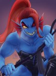 blue_body blue_skin breasts cleavage clothed clothing corset dominatrix ear_fins ear_frill female fin frill_(anatomy) grin hair leotard lingerie muscular muscular_female red_hair smile solo topwear whip micchan_sense undertale_(series) undyne animal_humanoid fish fish_humanoid humanoid marine marine_humanoid 2022 hi_res