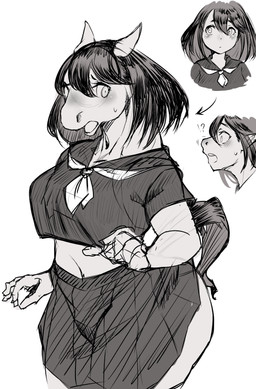 anthro blush bodily_fluids bottomwear breasts clothing directional_arrow female human_to_anthro interrobang looking_back navel open_mouth school_uniform simple_background skirt solo species_transformation surprised sweat sweatdrop transformation uniform neko_kaminari80 equid equine horse human mammal 2023 absurd_res digital_media_(artwork) hi_res