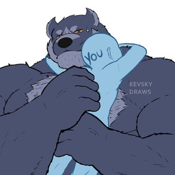 anthro big_muscles bodily_fluids body_hair chest_hair duo fur hug human_on_anthro interspecies looking_at_another male male/male mature_anthro mature_male muscular muscular_anthro muscular_male narrowed_eyes simple_background size_difference sweat sweatdrop text tuft white_background kevsky_draws mythology anon bowers_(kevsky) canid canine canis human mammal mythological_canine mythological_creature werecanid werecanine werecreature werewolf wolf 1:1 2021 artist_name english_text hi_res