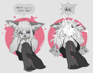 4_fingers anthro bedroom_eyes big_breasts big_penis blush bodily_fluids breasts clothing cum cum_on_face cumshot cumshot_on_face dialogue ear_piercing ejaculation erection eyebrows eyes_closed facial_piercing fangs female fingers genital_fluids genitals good_boy hair half-closed_eyes heart_symbol holding_penis inner_ear_fluff long_hair looking_at_viewer male narrowed_eyes nose_piercing nose_ring open_mouth orgasm penis pet_praise piercing praise praise_kink ring_piercing seductive shirt simple_background smile speech_bubble tank_top teeth text tongue tongue_out topwear tuft white_background white_hair buxbi lindy_(buxbi) domestic_cat felid feline felis mammal 2025 english_text