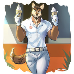 anthro badge beard belt belt_buckle biped bottomwear brown_beard brown_body brown_eyebrows brown_facial_hair brown_fur brown_hair brown_nose brown_tail buckle chest_tuft clothing countershade_face countershade_fur countershade_neck countershade_torso countershading curved_tail cutaway dessert diamond_(marking) dipstick_tail eyebrows facial_hair facial_markings fluffy fluffy_tail food fur gloves grin grinning_at_viewer hair handwear head_markings holding_food holding_ice_cream holding_object ice_cream looking_at_viewer male markings multicolored_body multicolored_fur pants pecs short_hair slicked_back_hair smile smiling_at_viewer solo striped_markings striped_tail stripes tail tail_markings tan_body tan_fur tan_markings tan_tail_tip text tuft two_tone_body two_tone_fur walking walking_towards_viewer wearing_gloves white_belt white_bottomwear white_clothing white_dress_shirt white_gloves white_handwear white_pants yellow_eyes purtropos socially_awkward fan_character canid canine canis mammal wolf 1:1 2023 digital_media_(artwork) english_text hi_res signature sketch