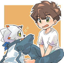 alternate_costume anthro blush brown_hair chibi clothing_swap green_eyes hair horn kerchief male white_body yellow_eyes radiospeed14 bandai_namco digimon digimon_ghost_game hiro_amanokawa digimon_(species) gammamon human mammal
