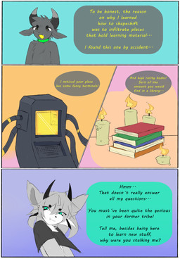 anthro book bottomwear candle clothing dialogue duo female fur grey_body grey_fur hair horn loincloth male orange_hair simple_background text tenshiistar toshi_(forrest18) bovid caprine demon felid goat hybrid mammal absurd_res comic english_text hi_res