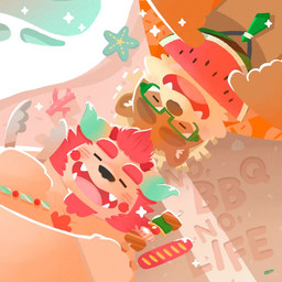 beach blush brown_body brown_fur clothing cute_fangs duo eyes_closed fangs food fruit fur horn humanoid_hands melon plant seaside shirt teeth text tongue topwear water watermelon orbitlobster tempuralobster lifewonders tokyo_afterschool_summoners chernobog_(tas) volos_(tas) bear mammal 1:1 2019 animated english_text no_sound short_playtime video