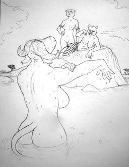 anthro bathing being_watched big_breasts breasts butt eye_scar facial_scar female female_anthro genitals group hand_on_hip horn looking_at_another nipples nude partially_submerged plant scar side_boob tree trio vulva wet perrox bovid bovine cape_buffalo felid lion mammal pantherine 2026 absurd_res black_and_white hi_res monochrome traditional_media_(artwork)