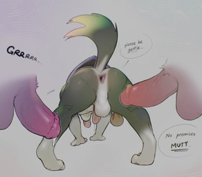 all_fours anthro anthrofied anus backsack balls biped butt dialogue disembodied_penis genitals grey_background group humanoid_genitalia humanoid_penis imminent_sex male male/male penis perineum presenting presenting_anus presenting_hindquarters raised_tail rear_view simple_background solo_focus tail text trio underbelly kosskiku nintendo the_legend_of_zelda link_(wolf_form) canid canine mammal absurd_res english_text hi_res