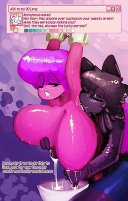anthro areola armpit_fetish armpit_lick armpit_play big_breasts blush bodily_fluids breast_milking breasts duo eyes_closed female fingers hair huge_breasts lactating licking male male/female milk nipples nude open_mouth simple_background sweat text tongue tongue_out kiss_the_carrot nintendo pokemon sayi_(kiss_the_carrot) domestic_cat felid feline felis gastly generation_1_pokemon ghost mammal pokemon_(species) spirit absurd_res digital_media_(artwork) english_text hi_res shaded
