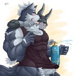 abs anthro biceps bodily_fluids bottomless clothed clothing cum duo fur genital_fluids genitals group male muscular muscular_anthro muscular_male penis shampoo shirt tank_top topwear naruever shampoo_challenge nero_(naruever) zack_(naruever) canid canine canis lagomorph leporid mammal rabbit wolf 2020 meme signature