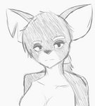 anthro eyebrows female freckles fur hair looking_at_viewer multicolored_body multicolored_fur ponytail serious_face solo spots thick_eyebrows qunteki the_testimony_of_trixie_glimmer_smith nikita_perovskia deer mammal bust_portrait monochrome portrait sketch