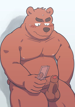 anthro balls belly blush brown_body brown_fur erection fur genitals humanoid_genitalia humanoid_hands humanoid_penis kemono male moobs nipples overweight overweight_anthro overweight_male penis simple_background solo kick_(artist) bear mammal 2015