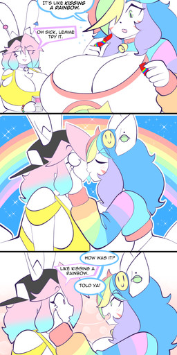 anthro backwards_baseball_cap backwards_hat baseball_cap bell bell_collar big_breasts black_baseball_cap blue_hair blush blush_lines bodily_fluids breast_squish breasts breasts_frottage candy cleavage clothed clothing collar constricted_pupils dessert dialogue duo eye_through_hair eyebrow_through_hair eyebrows eyelashes eyelashes_through_hair eyes_closed female female/female food fur furgonomic_baseball_cap furgonomic_hat furgonomic_headwear furgonomics green_eyes hair hand_on_face handheld_console hat headgear headwear holding_handheld_game_console huge_breasts inner_ear_fluff jingle_bell jingle_bell_collar kiss_on_lips kissing linked_speech_bubble lip_gloss long_ears multicolored_eyes multicolored_hair open_mouth open_smile pink_eyes pink_hair pupils rainbow rainbow_hair saliva saliva_string simple_background small_pupils smile smiley_face speech_bubble squish text topwear translucent translucent_hair tuft two_tone_eyes two_tone_hair white_background white_body white_fur wide_eyed yellow_clothing yellow_eyes yellow_topwear theycallhimcake game_boy game_boy_family mars_incorporated nintendo skittles_(candy) finley_(theycallhimcake) pb_(theycallhimcake) domestic_cat felid feline felis lagomorph leporid mallkin mammal rabbit 2025 absurd_res comic digital_drawing_(artwork) digital_media_(artwork) english_text hi_res busty_boy_(lore) male_(lore)