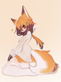 accessory anthro bent_legs biped braided_pigtails chest_tuft clothed clothed_female clothing coat female female_anthro floating_heart fur hair hair_accessory hair_over_eye hair_ribbon hands_on_legs hands_on_thighs heart_symbol highlights_(coloring) inner_ear_fluff kneeling legwear looking_aside looking_at_viewer orange_body orange_fur ribbons side_view simple_background smile solo tail thigh_highs topwear tuft white_clothing white_coat white_inner_ear white_legwear white_thigh_highs white_topwear soda_uyu canid canine fox mammal 2022 hi_res