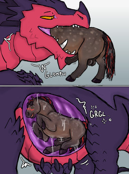 anal animal_genitalia balls black_hair bodily_fluids claws comic_panel cum cum_in_ass cum_inside cum_while_penetrated erection fangs feral feral_on_feral fur genital_fluids genitals grey_body grey_fur hair horn horse_tail leg_markings licking male male/male markings penetration purple_body saliva scales sheath snaggle_tooth socks_(marking) speech_box tail teeth toe_claws tongue vore yellow_eyes hgythshs mythology breghar_(drakengarth) fionn_(drakengarth) dragon equid equine horse mammal mythological_creature mythological_scalie scalie thoroughbred absurd_res comic hi_res