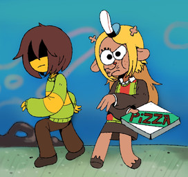 ambiguous_gender anthro blonde_hair box brown_body clothed clothing container duo female freckled_face freckles hair pizza_box iluvrabbitz deltarune undertale_(series) kris_dreemurr noelle_holiday deer human mammal new_world_deer reindeer hi_res