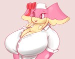 anthro big_breasts breasts cleavage clothed clothing female huge_breasts multicolored_body nurse pink_background pink_body simple_background solo two_tone_body yellow_body goopyarts nintendo pokemon raina_(goopyarts) audino generation_5_pokemon pokemon_(species)