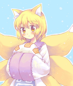 blonde_hair blush clothed clothed_female clothed_humanoid clothing dipstick_tail dress female hair hat headgear headwear holding_clothing holding_hat holding_headgear holding_headwear holding_object looking_at_viewer markings multi_tail orange_eyes short_hair solo tail tail_markings white_clothing white_dress white_tail_tip wide_sleeves yellow_tail kuguri_oimo touhou ran_yakumo animal_humanoid canid canid_humanoid canine canine_humanoid fox_humanoid humanoid mammal mammal_humanoid 2008 archived_source half-length_portrait portrait unavailable_at_source