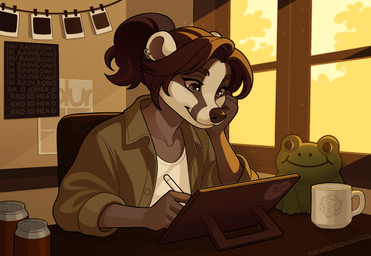 anthro artist beverage_can calm coffee_mug container cup d20 dice drawing_in_a_drawing drawing_tablet ear_piercing ear_ring female light piercing relaxing ring_piercing solo stylus sunlight window headoctopus blur_(band) dungeons_and_dragons hasbro radiohead wizards_of_the_coast tasha_(headoctopus) amphibian badger european_badger frog mammal meles mustelid musteline hi_res