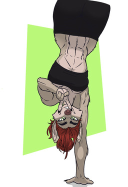 abs anthro athletic athletic_anthro athletic_female bottomwear breasts brown_nose cheek_tuft clothing eyebrows facial_tuft falling_hair female fur gesture green_eyes grin grinning_at_viewer hair hair_bun hand_gesture inner_ear_fluff medium_breasts multicolored_body multicolored_fur muscular muscular_anthro muscular_female red_hair shadow shorts simple_background simple_coloring smile smiling_at_viewer solo standing_on_one_hand tan_body tan_fur thick_eyebrows topwear tube_top tuft two_tone_body two_tone_fur upside_down v_sign f4ephantomii ihty_(f4ephantomii) canid canine fox mammal vulpkanin hi_res