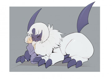 ambiguous_gender blush claws clothed clothing cuddling duo eyes_closed fangs feral finger_claws fluffy fully_clothed fur grey_background hair larger_feral looking_at_another lying male neck_tuft on_front open_mouth open_smile simple_background sitting size_difference smaller_human smile tail teeth toe_claws tuft white_body white_fur white_hair dodudoru nintendo pokemon absol generation_3_pokemon human mammal pokemon_(species) 2025 hi_res
