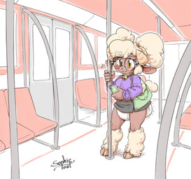 2_horns anthro bell bell_collar blonde_hair blush bottomwear breathing_noises brown_body brown_skin cellphone clothed clothing cloven_hooves collar cowbell diaper diaper_peekage double_bun electronics eyewear feces female fur glasses hair holding_cellphone holding_object holding_phone holding_smartphone hooves horn inside_train looking_at_cellphone looking_at_object looking_at_phone miniskirt phone pooping public public_soiling purple_clothing purple_sweater purple_topwear purse sheared skirt smartphone soiled_diaper soiling soiling_diaper solo standing sweater tan_body tan_fur tan_wool topwear unclean_diaper used_diaper wearing_diaper wool_(fur) yellow_eyes sophiepoof june_(lavenderlamb) bovid caprine mammal sheep 2025 colored full-length_portrait hi_res portrait signature