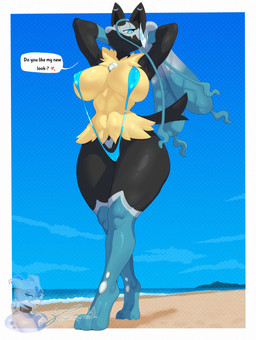 anthro asking_viewer bangs beach big_breasts black_body black_fur blue_body blue_eyes blue_fur breasts camel_toe clothing dialogue eyewear female fur glasses grey_body grey_fur hair huge_breasts long_hair looking_at_viewer navel navel_piercing one-piece_swimsuit piercing pose sling_bikini solo speech_bubble swimwear talking_to_viewer tan_body tan_fur text thick_thighs wide_hips emmet_twunks nintendo pokemon canid canine mammal mega_evolution mega_lucario_z pokemon_(species) absurd_res artist_name colored detailed digital_drawing_(artwork) digital_media_(artwork) english_text hi_res signature