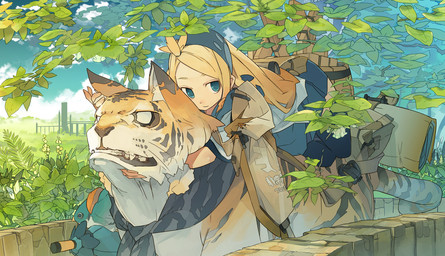 backpack blonde_hair detailed_background duo female fence feral hair leaf long_hair nature outside riding stripes tail sasimin felid human mammal pantherine tiger hi_res