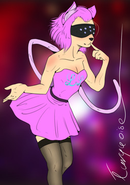 anthro clothing dress eye_covering female fur hair humanoid_hands leggings legwear long_tail mascot pink_clothing pink_dress pink_hair short_hair solo strapless_clothing strapless_dress tail tan_body tan_fur le_turquoise the_light-looker_society light-neko domestic_cat felid feline felis mammal absurd_res hi_res signature