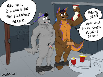 anthro armpit_hair bathroom bodily_fluids body_hair bottomwear bottomwear_down clothed clothing door duo erection footwear genital_fluids genitals hat headgear headwear holding_penis male male/male open_door pants pants_down partially_clothed peeing peeing_into_container peeing_together peeing_while_erect penis penis_size_difference prank red_solo_cup shower_curtain small_penis smelling_socks socks tail text toilet topless urine watersports you_smell_good dogbro69 canid canine mammal english_text hi_res