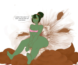 breasts cleavage clogged_toilet clothed clothing excessive_feces fangs feces feces_everywhere foreskin genitals green_body green_skin gynomorph half-erect hyper hyper_feces intersex one_eye_closed penis scatplay skimpy solo teeth text toilet yellow_eyes angeldark humanoid 6:5 absurd_res digital_media_(artwork) english_text hi_res