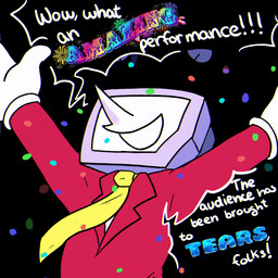 accessory biped black_background celebrating clothed clothed_humanoid clothed_male clothing confetti dialogue electronics exclamation_point for_a_head long_nose male male_humanoid necktie not_furry open_mouth open_smile raised_arms screen screen_face simple_background smile solo speech_bubble suit television text msmimundo deltarune undertale_(series) tenna_(deltarune) humanoid object_head screen_head tv_head 1:1 2026 digital_drawing_(artwork) digital_media_(artwork) english_text hi_res