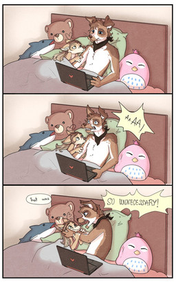 anthro arm_bite attention_seeking bed bite border computer dialogue duo electronics fangs furniture laptop nibbling nom on_bed plushie smile speech_bubble teeth text under_covers white_border yshanii cotton_(yshanii) canid canine canis domestic_dog mammal 2022 5:8 comic digital_media_(artwork) english_text hi_res