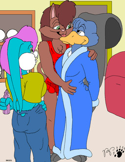 anthro bathrobe beak bedroom_eyes blue_body blue_fur bottomwear breasts brown_body brown_fur brown_hair buckteeth clothed clothed_anthro clothed_female clothing female female/female fur furgonomic_bottomwear furgonomics furniture group hair inside licking lingerie narrowed_eyes panties pink_nose platypus_tail purple_hair robe seductive sofa teddy_(clothing) teeth tongue trio underwear kthanid_(artist) rutwell_forest binky_bunny_(rutwell) monica_(rutwell) serenakty domestic_cat felid feline felis lagomorph leporid mammal monotreme platypus rabbit hi_res