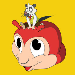 accessory anthro biped bottomwear clothing duo male micro necktie pants red_body shirt simple_background sitting size_difference topwear white_body yellow_background piothecloudrat jollibee jollibee_(mascot) cloud_rat mammal northern_luzon_cloud_rat rodent 1:1 2026 hi_res