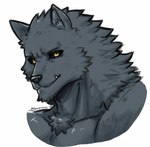 amber_eyes anthro dark_body dark_fur dark_sclera fangs fur male muscular muscular_male simple_background smile smiling_at_viewer solo teeth dynogreeno wulfgard canid canine canis mammal wolf hi_res