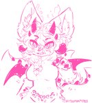 anthro breasts female heart_eyes heart_symbol horn magic membrane_(anatomy) membranous_wings solo wings womb_tattoo conditional_dnp ikitsunyan firelight's_respite_(ikitsunyan) kitten_(ikitsunyan) canid canine fox mammal hi_res monochrome pink_and_white