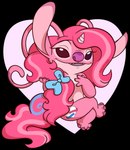 4_fingers 4_toes accessory antennae_(anatomy) anthro biped bow_ribbon chest_markings claws cosplay crossed_legs cutie_mark ear_markings eyelashes fake_horns feet female finger_claws fingers freckles hair hair_accessory hair_bow hair_ribbon hand_on_chest heart_background long_antennae long_hair looking_at_viewer markings open_mouth open_smile pink_hair purple_markings purple_nose ribbons simple_background smile solo text toes white_freckles white_markings wig starrtoon disney hasbro lilo_and_stitch my_little_pony angel_(lilo_and_stitch) lovely_trueheart alien experiment_(lilo_and_stitch) 2023 alpha_channel artist_name