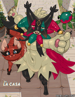 anthro biped black_body black_fur blue_eyes duo female feral fur green_body green_fur inside looking_at_viewer male markings mask multicolored_body navel overweight pawpads quadruped red_body red_fur slim standing two_tone_body yellow_eyes fidchellvore nintendo pokemon grimaldo_(fidchellvore) roxi_(fidchellvore) generation_8_pokemon generation_9_pokemon meowscarada nickit pokemon_(species)