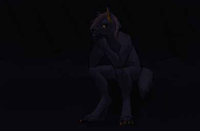 anthro bed biped black_sclera cybernetics dark fur furniture hair inside machine male nude on_bed pillow sad sitting solo kavaeric egyptian_mythology middle_eastern_mythology mythology rockgods anu anubis anubian_jackal canid canine canis deity jackal mammal 2016 digital_media_(artwork) hi_res