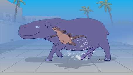 anthro anthro_on_feral bestiality bodily_fluids cum cum_inflation cum_inside drain duo female feral genital_fluids genitals inflation male navel palm_tree penis plant sign smile swimming tree underwater water causationcorrelation common_hippopotamus hippopotamid mammal mustelid otter 2020 hi_res