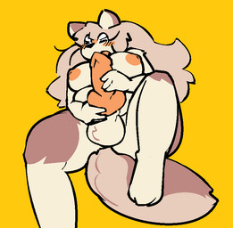 animal_genitalia animal_penis anthro ball_tuft balls belly big_balls big_breasts big_penis blush breasts brown_body brown_fur brown_hair canine_genitalia canine_penis exclamation_point eyewear eyewear_only fur genitals glasses glasses_only gynomorph hair huge_breasts intersex knot lying masturbation nipples nude nude_anthro nude_gynomorph nude_intersex on_back overweight overweight_gynomorph overweight_intersex penis question_mark simple_background solo tan_body tan_fur tuft wearing_glasses catjamn karina_(catjamn) canid canine mammal aliasing digital_media_(artwork)