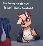 ambiguous_gender anthro blue_hair clothed clothing dialogue duo female flat_chested fully_clothed fur hair hair_over_eye hoodie long_ears shirt simple_background solo_focus tan_body tan_fur tank_top text topwear translucent translucent_hair enginetrap boobs?_wanna_touch_boobs? syl_(enginetrap) canid canine canis jackal lagomorph leporid mammal rabbit 2025 english_text hi_res meme