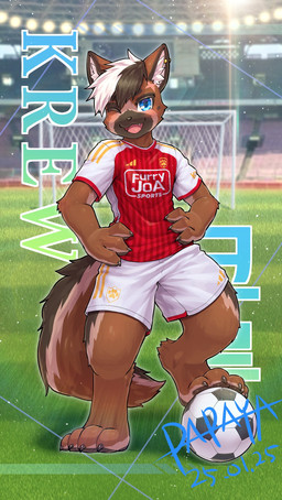 4_toes anthro ball barefoot black_hair blue_eyes bottomwear brown_body brown_fur brown_tail clothed clothing digitigrade feet front_view fur glistening glistening_eyes hair hand_on_hip looking_at_viewer male multicolored_hair open_mouth open_smile pants red_clothing red_shirt red_t-shirt red_topwear shirt smile soccer_ball soccer_jersey soccer_uniform solo sportswear standing t-shirt tail toes topwear two_tone_hair uniform white_bottomwear white_clothing white_hair white_pants white_shirt white_t-shirt white_topwear papayafurry adidas canid canine mammal 2025 dated full-length_portrait hi_res portrait signature
