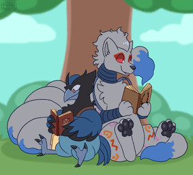 ambiguous_gender bag bandage book feet feral fluffy forest multi_tail paws plant reading sitting tail talons toes tree conditional_dnp pocketpaws nintendo pokemon corvisquire generation_1_pokemon generation_8_pokemon ninetales pokemon_(species) 2d_animation animated frame_by_frame hi_res